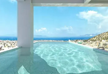 Crystal clear horizons at the Amerikis 2 rooftop infinity pool. Vertical 3D architectural rendering of a rooftop infinity pool in Ano Glyfada, showcasing crystal clear water reflections and a panoramic view of the coastline.