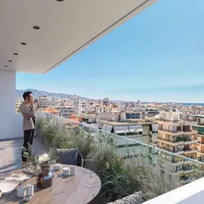 Luxury balcony with panoramic city and sea view in Palaio Faliro Loft apartment