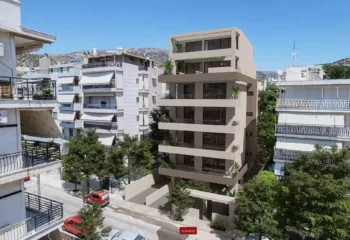 Contemporary urban facade design in Glyfada | PSI Constructions & Michalis Syrigos. Modern residential building facade in Glyfada by PSI Constructions and MS Architects, 3D architectural rendering by VARC Studio.
