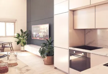 Luxury loft interior with marble finishes and modern kitchen design in Neos Kosmos, 3D visualization by VARC.