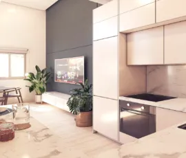 Luxury loft interior with marble finishes and modern kitchen design in Neos Kosmos, 3D visualization by VARC.