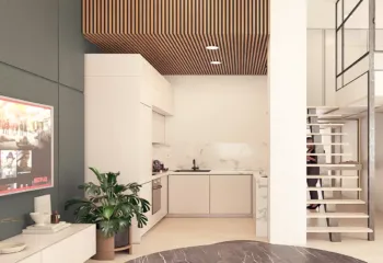 Modern kitchen area of a loft conversion in Dafni, featuring wood slatted ceiling and minimalist design by VARC.