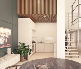 Modern kitchen area of a loft conversion in Dafni, featuring wood slatted ceiling and minimalist design by VARC.