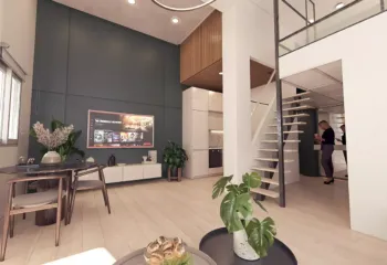 Industrial loft interior design with high ceilings and mezzanine in Dafni, 3D visualization for Golden Visa by VARC