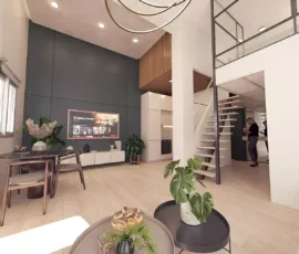 Industrial loft interior design with high ceilings and mezzanine in Dafni, 3D visualization for Golden Visa by VARC