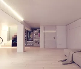 Functional storage solutions in a modern loft conversion, featuring bicycle rack and laundry area in Dafni Neos Kosmos, 3D visualization by VARC.