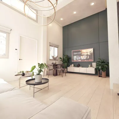 High-ceiling luxury loft living room design in Dafni Neos Kosmos, featuring modern furniture and architectural lighting, 3D visualization by VARC.