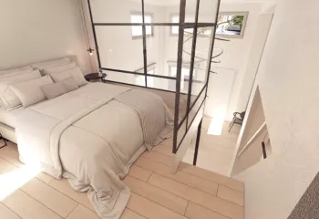 Modern mezzanine bedroom in a luxury loft conversion, Dafni Neos Kosmos area, 3D visualization by VARC.