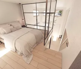Modern mezzanine bedroom in a luxury loft conversion, Dafni Neos Kosmos area, 3D visualization by VARC.