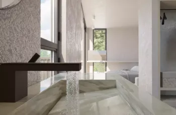 Interior architectural detail of the Capsule Home 3 bathroom featuring premium Viospiral sanitary ware and marble basin, rendered by Varc Studio.