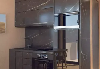 Interior 3D rendering of a luxury compact kitchen inside a capsule home, featuring dark black marble cabinets, integrated Miele appliances, and minimal ceiling lights.
