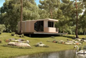 Photorealistic exterior 3D architectural visualization of a minimalist prefab cabin on a green hill near a lake with swans.