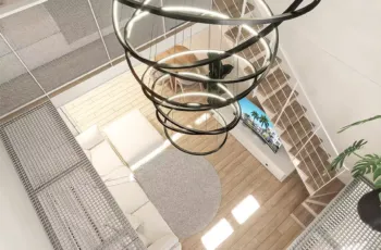Aerial interior view of a luxury loft apartment with modern ring chandelier in Agios Dimitrios