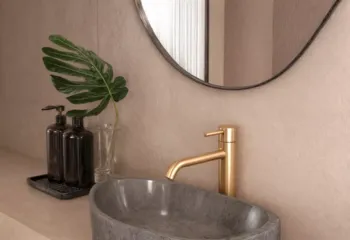 Interior 3D architectural rendering showcasing a close-up of a luxury bathroom vanity with a grey stone vessel sink, a brushed gold faucet, an organic oval mirror, and micro-cement walls.