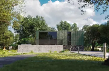 Exterior 3D architectural rendering of a luxury capsule home suite featuring premium green textured facades, a stone and concrete base, and a lush garden with olive trees under a cloudy sky.