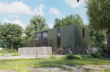 Exterior 3D architectural rendering showcasing the side view of a luxury modular capsule suite with a green facade, slanted roof, stone foundation, and olive trees.