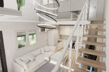 Modern loft apartment interior with wooden staircase and designer lighting in Agios Dimitrios