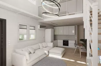 Luxury open-plan living room with white sofa and loft design in Agios Dimitrios