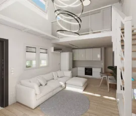 Luxury open-plan living room with white sofa and loft design in Agios Dimitrios