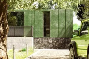 Exterior 3D architectural rendering of a luxury capsule suite with a paved cobblestone driveway, featuring a lime green off-road SUV parked in front under tree shadows.