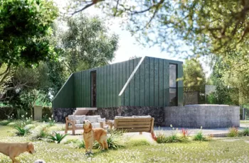 Exterior 3D architectural rendering showcasing the back garden of a luxury modular capsule suite with an outdoor wooden lounge, a concrete jacuzzi, and a dog on the lawn surrounded by olive trees.