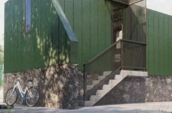 Exterior 3D architectural rendering showcasing the main entrance of a luxury modular capsule suite with a concrete staircase, metal mesh railings, and a bicycle by the stone wall.