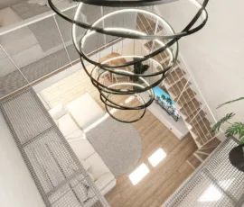 Aerial interior view of a luxury loft apartment with modern ring chandelier in Agios Dimitrios