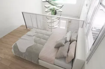 Modern master bedroom on loft level with minimalist decor in Agios Dimitrios