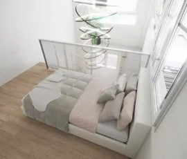 Modern master bedroom on loft level with minimalist decor in Agios Dimitrios