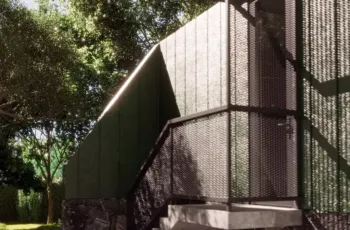 Close-up interior 3D architectural rendering of a luxury modular cabin entrance, showcasing a custom dark metal mesh canopy, concrete steps, and dramatic sunlight shadows.