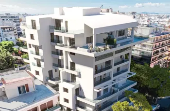 The striking modern facade of the PLEIADON residence in Palaio Faliro, featuring luxury apartments and contemporary design. High-end residential architecture 3D visualization for the PLEIADON project in Palaio Faliro by VARC Studio.