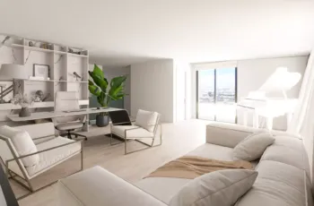 Sophisticated open-plan interior featuring a modern home office, elegant marble shelving, and a grand white piano at PLEIADON, Palaio Faliro. Modern home office and living room interior 3D visualization for PLEIADON project in Palaio Faliro by VARC Studio.