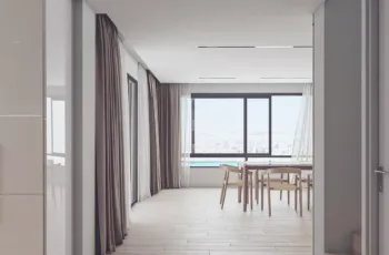 Minimalist dining area design with natural light and premium finishes at the PLEIADON residence, Palaio Faliro. Modern dining room interior design 3D visualization for PLEIADON project in Palaio Faliro by VARC Studio.