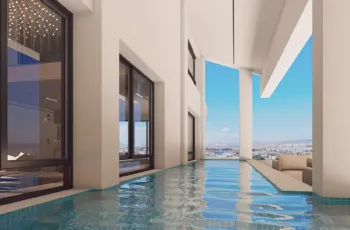 A sleek, linear private pool integrated into the modern architectural design of the PLEIADON penthouse in Palaio Faliro. Linear private pool design and modern architecture visualization for PLEIADON project in Palaio Faliro by VARC Studio