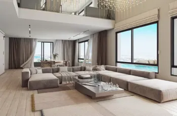 Luxury double-height living room interior 3D visualization for PLEIADON project in Palaio Faliro by VARC Studio.