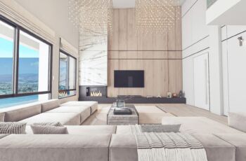 Wide-angle view of the open-plan living area, featuring a modern fireplace, high-end furniture, and panoramic windows in Palaio Faliro. Panoramic interior 3D visualization of the luxury living room in PLEIADON Palaio Faliro by VARC Studio.