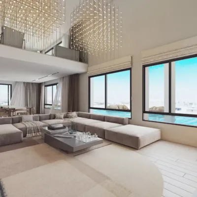 PLEIADON residential project – luxury living room architectural visualization in Palaio Faliro, Athens Riviera. Luxury double-height living room 3D visualization of PLEIADON residential project in Palaio Faliro by VARC Studio