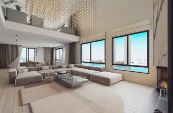 PLEIADON residential project – luxury living room architectural visualization in Palaio Faliro, Athens Riviera. Luxury double-height living room 3D visualization of PLEIADON residential project in Palaio Faliro by VARC Studio