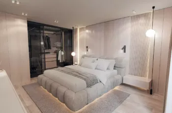 Elegant master bedroom design featuring a walk-in closet, custom lighting, and minimalist aesthetics at PLEIADON, Palaio Faliro. Luxury master bedroom interior 3D visualization with walk-in closet for PLEIADON project in Palaio Faliro by VARC Studio.