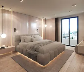 Spacious master bedroom featuring minimalist design, custom ambient lighting, and panoramic city views at PLEIADON, Palaio Faliro. Modern luxury master bedroom interior 3D visualization with balcony view for PLEIADON project in Palaio Faliro by VARC Studio