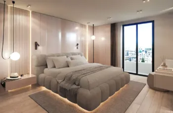 Spacious master bedroom featuring minimalist design, custom ambient lighting, and panoramic city views at PLEIADON, Palaio Faliro. Modern luxury master bedroom interior 3D visualization with balcony view for PLEIADON project in Palaio Faliro by VARC Studio