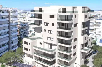 A side view showcasing the modern architecture and spacious balconies of the PLEIADON project in Palaio Faliro. Side exterior architectural 3D visualization of PLEIADON residence in Palaio Faliro by VARC Studio