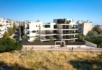 Focusing on the architectural details, our 3D Rendering Services in Athens highlight the clean lines and modern aesthetic of this Glyfada residence. This view from Kritis street emphasizes the building's integration with the surrounding urban landscape. Detailed architectural facade visualization using 3D Rendering Services in Athens for a residential development in Glyfada.