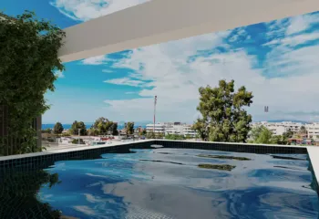 Refreshing luxury: The rooftop swimming pool at our Glyfada project. Close-up of a luxury rooftop infinity pool with sea view in Glyfada, showcasing premium 3D Rendering Services in Athens.