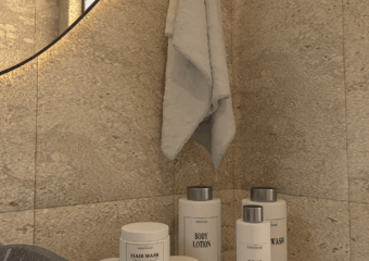 Close-up interior visualization of the Capsule Home 2 bathroom details, rendered by Varc Studio.