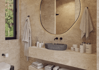 Interior visualization of the Capsule Home 2 bathroom featuring premium textures and organic design, rendered by Varc Studio.