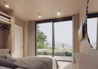 Interior visualization of the Capsule Home 2 bedroom, highlighting minimalist modular design, rendered by Varc Studio.