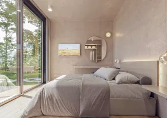 Interior visualization of the Capsule Home 2 bedroom with minimalist aesthetic, rendered by Varc Studio.