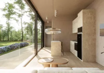 Interior visualization of the Capsule Home 2 kitchen and living area with premium finishes, rendered by Varc Studio.