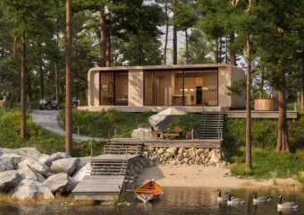 Architectural visualization of the Capsule Home 2 modular unit in a serene natural setting, rendered by Varc Studio.
